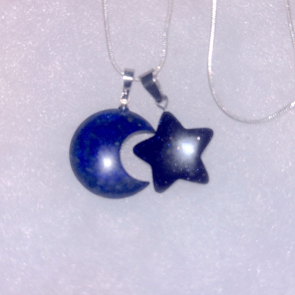 Boho hippie Blue Lapis Lazuli Moon Blue Goldstone Star Sterling Silver Necklace